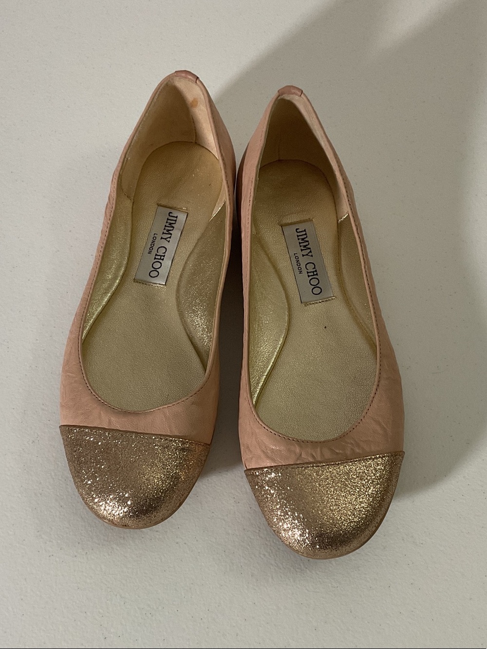 Jimmy Choo Whirl Pink Leather Ballet Flats with Gold Glitter Cap Toe 37 1/2